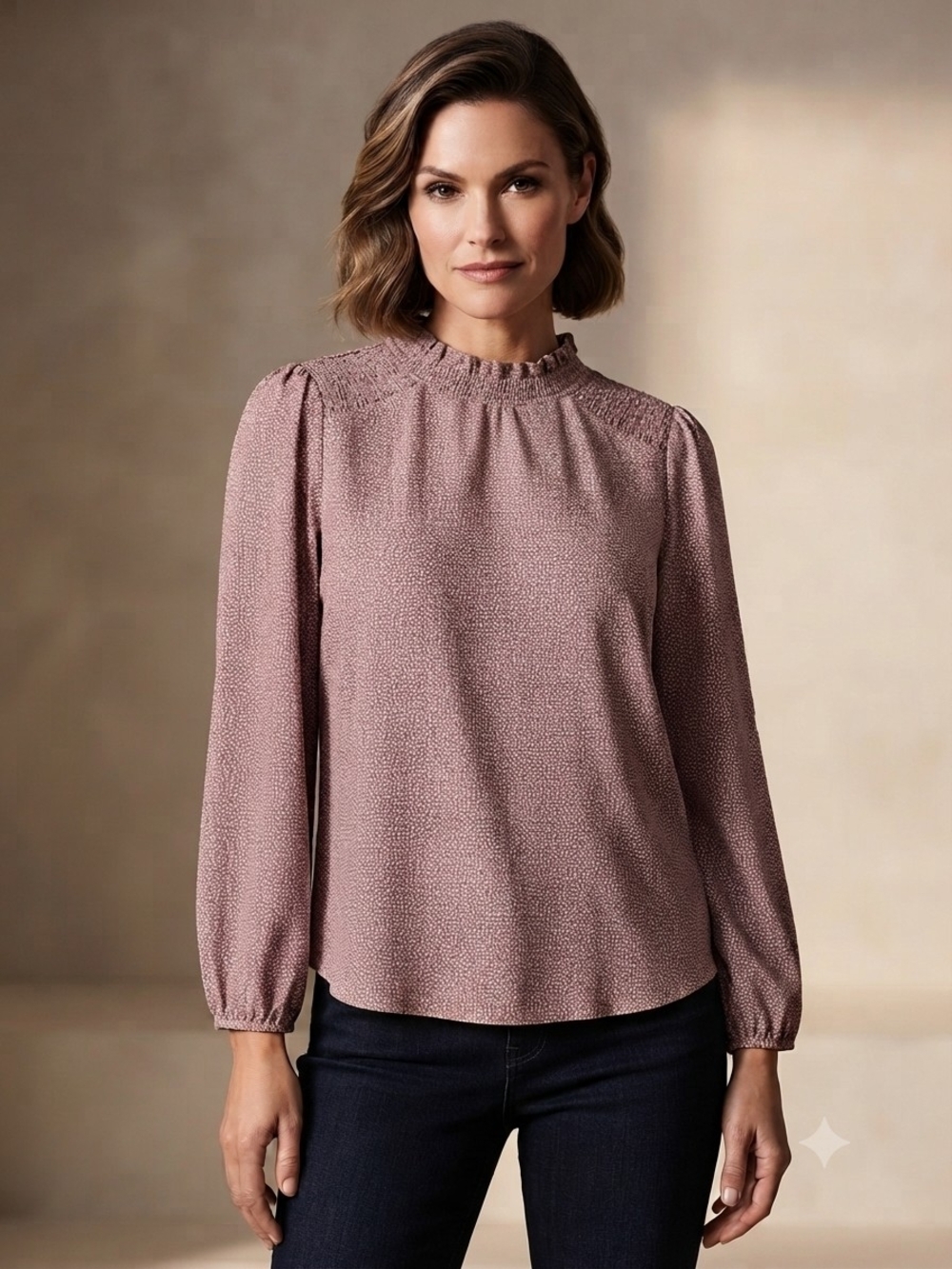 Adrianna Papell Brown Dot Smocked-Yoke Ruffle Neck Blouse